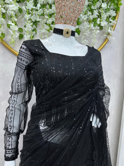Liecryart Heavy Net Ready-to-Wear Designer Saree – Sequence Work with Fancy Lace & Matching Blouse