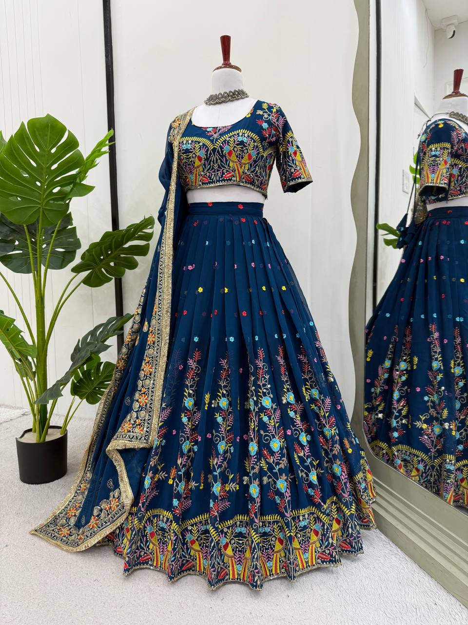 Liecryart Premium Reyon Semi-Stitched Lehenga Set – Digital Print, Mirror & Lace Work, Wedding & Festive Collection
