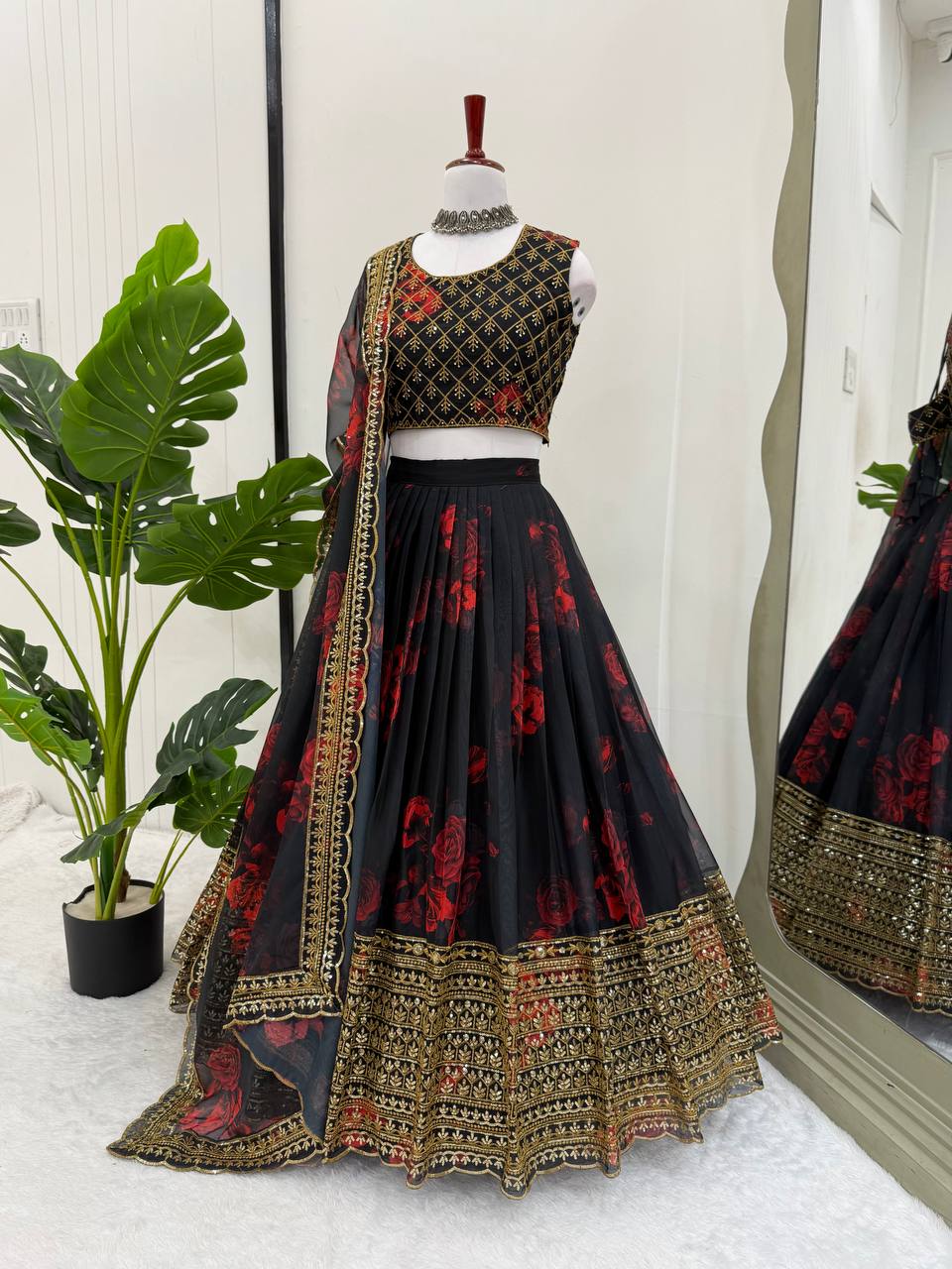 Liecryart Premium Reyon Semi-Stitched Lehenga Set – Digital Print, Mirror & Lace Work, Wedding & Festive Wear