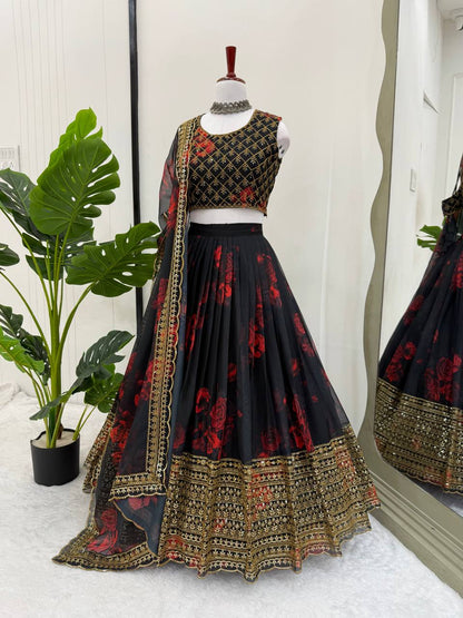 Liecryart Premium Reyon Semi-Stitched Lehenga Set – Digital Print, Mirror & Lace Work, Wedding & Festive Wear