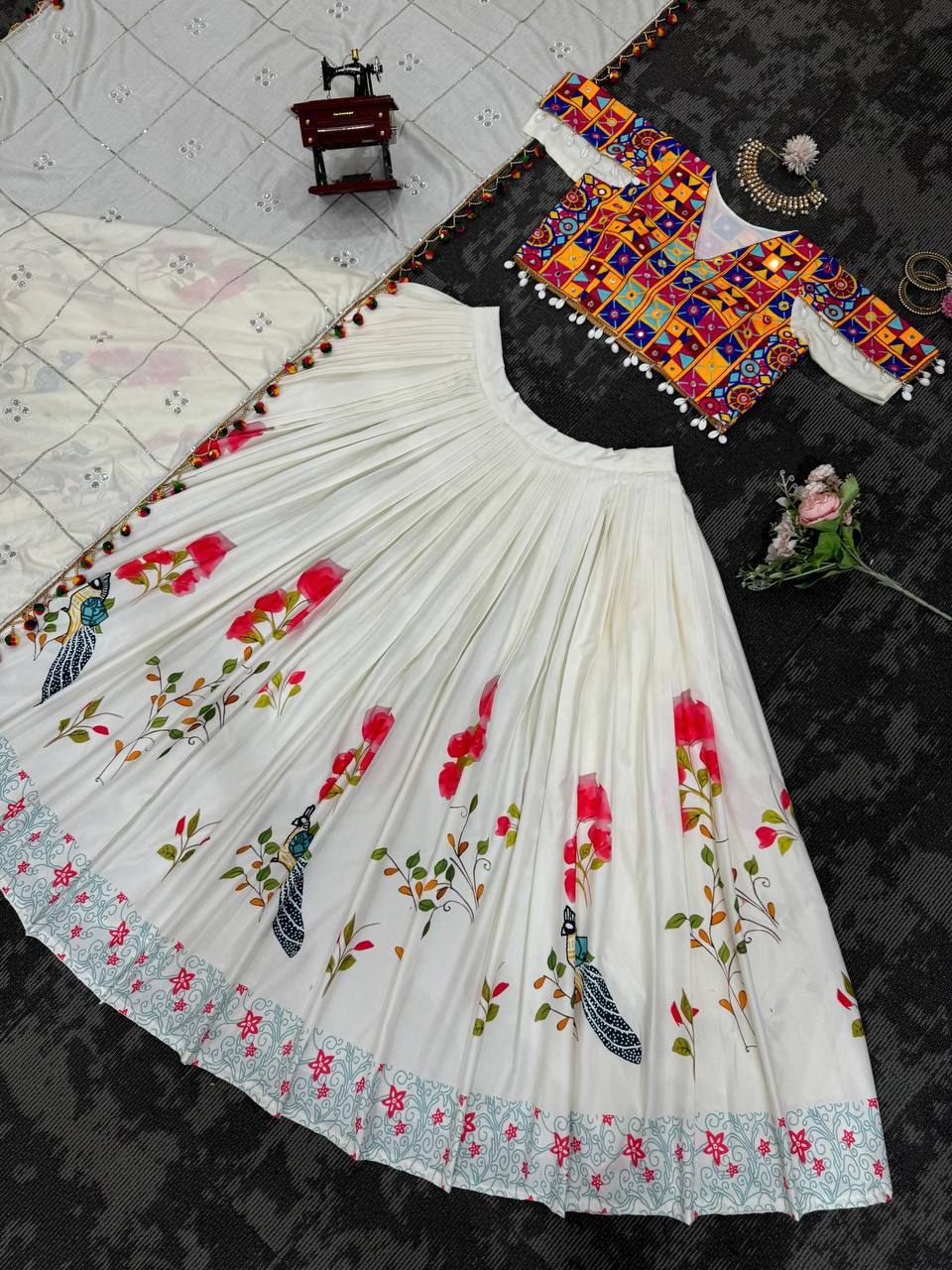 Heavy Boutique Semi-Stitched Lehenga Set – Reyon, Digital Print, Mirror & Lace Work