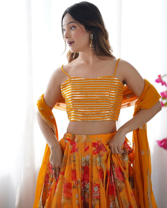 Liecryart Faux Georgette Semi-Stitched Lehenga with Koti – Digital Print, Thread & Sequence Work, Wedding & Festive Wear