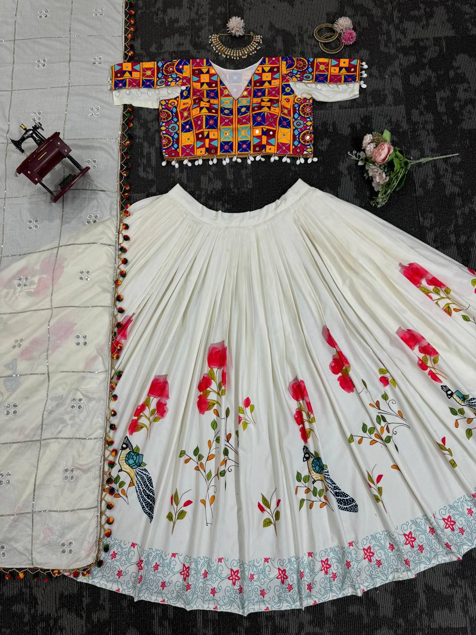 Heavy Boutique Semi-Stitched Lehenga Set – Reyon, Digital Print, Mirror & Lace Work