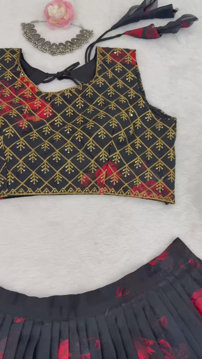 Liecryart Premium Reyon Semi-Stitched Lehenga Set – Digital Print, Mirror & Lace Work, Wedding & Festive Wear