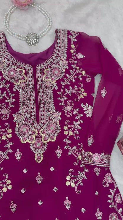 Premium Faux Georgette Sharara Set – Thread & Sequin Work | Front & Back Embroidery | With Dupatta