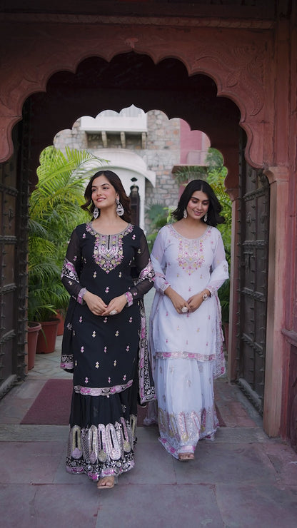 Faux Georgette Embroidered Top & Sharara Set with Dupatta | Front & Back Work | 3-Piece Ethnic Outfit