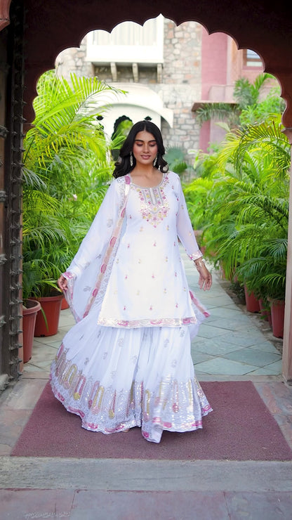 Faux Georgette Embroidered Top & Sharara Set with Dupatta | Front & Back Work | 3-Piece Ethnic Outfit