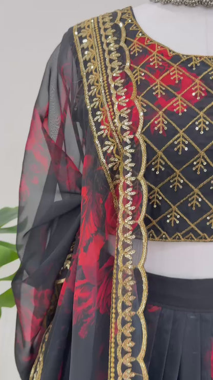 Liecryart Premium Reyon Semi-Stitched Lehenga Set – Digital Print, Mirror & Lace Work, Wedding & Festive Wear