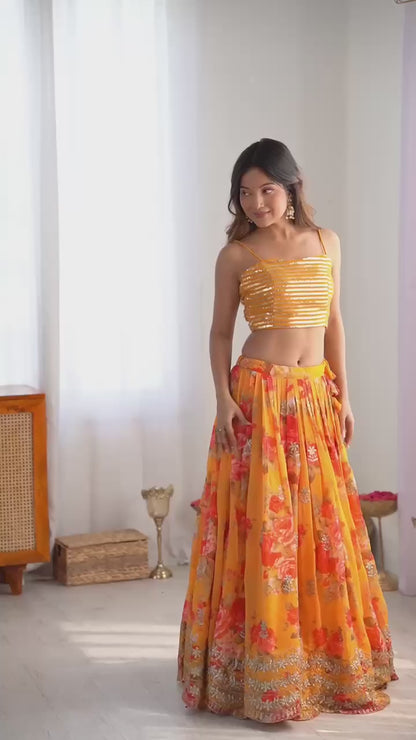 Liecryart Faux Georgette Semi-Stitched Lehenga with Koti – Digital Print, Thread & Sequence Work, Wedding & Festive Wear