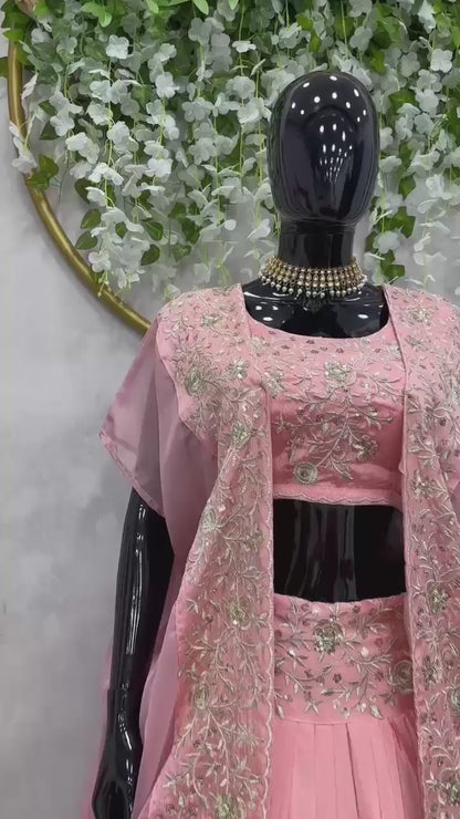 Elegant Pink Chinon Lehenga Choli with Shrug | Thread & Sequin Work | Semi-Stitched | Up to Size 44