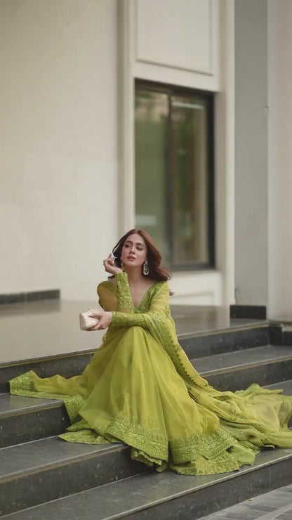 Liecryart Premium Reyon Semi-Stitched Designer Dress – Digital Print, Mirror & Lace Work, Wedding & Festive Wear