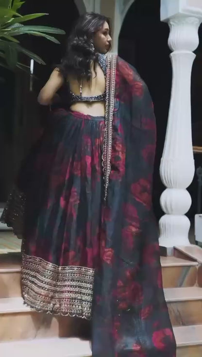 Liecryart Premium Reyon Semi-Stitched Lehenga Set – Digital Print, Mirror & Lace Work, Wedding & Festive Wear