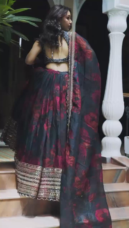 Liecryart Premium Reyon Semi-Stitched Lehenga Set – Digital Print, Mirror & Lace Work, Wedding & Festive Wear