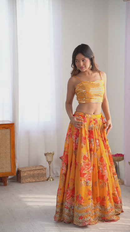 Liecryart Faux Georgette Semi-Stitched Lehenga with Koti – Digital Print, Thread & Sequence Work, Wedding & Festive Wear