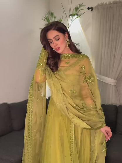 Liecryart Premium Reyon Semi-Stitched Designer Dress – Digital Print, Mirror & Lace Work, Wedding & Festive Wear