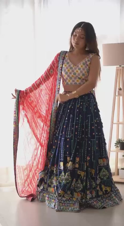 Liecryart Faux Georgette Semi-Stitched Designer Lehenga – Thread & Sequence Work with Heavy Lace, Digital Print Dupatta