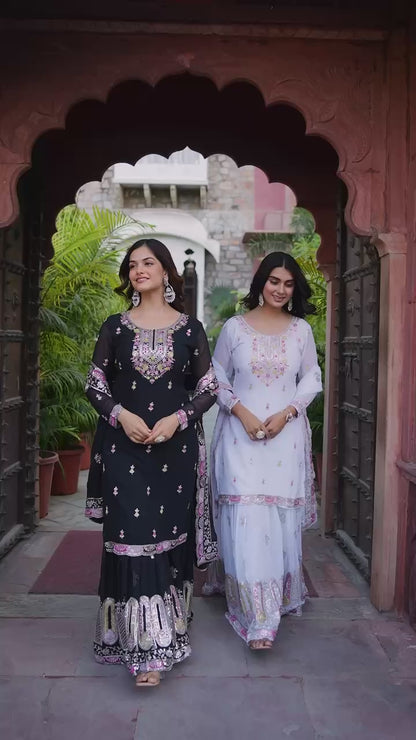 Faux Georgette Embroidered Top & Sharara Set with Dupatta | Front & Back Work | 3-Piece Ethnic Outfit