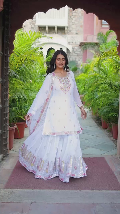 Faux Georgette Embroidered Top & Sharara Set with Dupatta | Front & Back Work | 3-Piece Ethnic Outfit