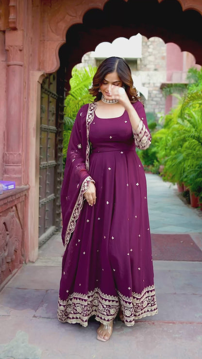 Faux Georgette Designer Gown Set with Front & Back Thread-Sequin Work | 3-Piece Set | 4 Colors