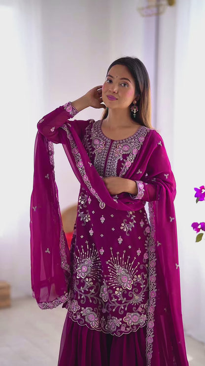 Premium Faux Georgette Sharara Set – Thread & Sequin Work | Front & Back Embroidery | With Dupatta